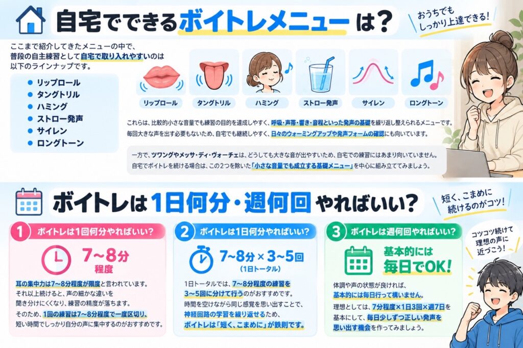自宅でできるボイトレメニューと、1回7〜8分を目安にした練習時間・頻度をまとめた図