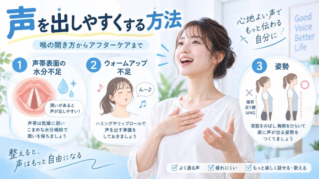 声が出しにくくなる原因として、声帯の乾燥やウォームアップ不足、姿勢の乱れによる喉への負担を解説したイラスト