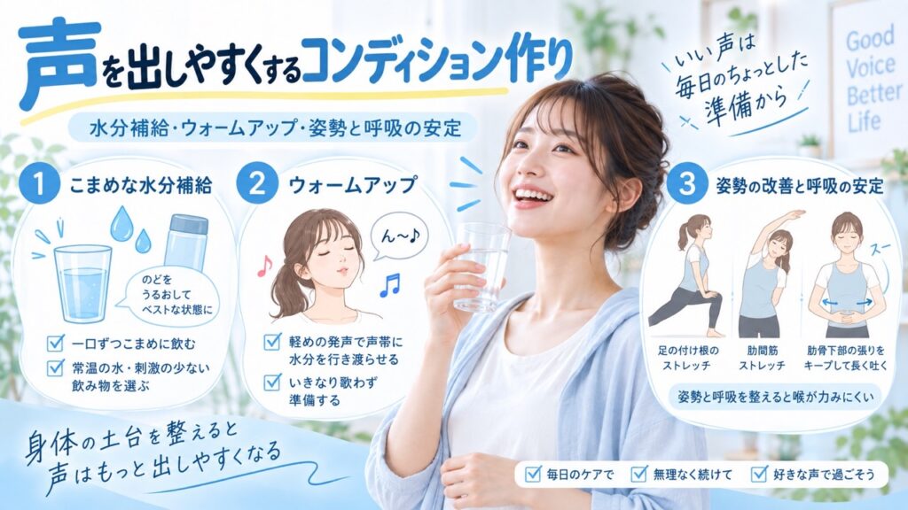 声を出しやすくするための水分補給、ストレッチ、呼吸練習など、発声前のコンディション作りを紹介したイラスト