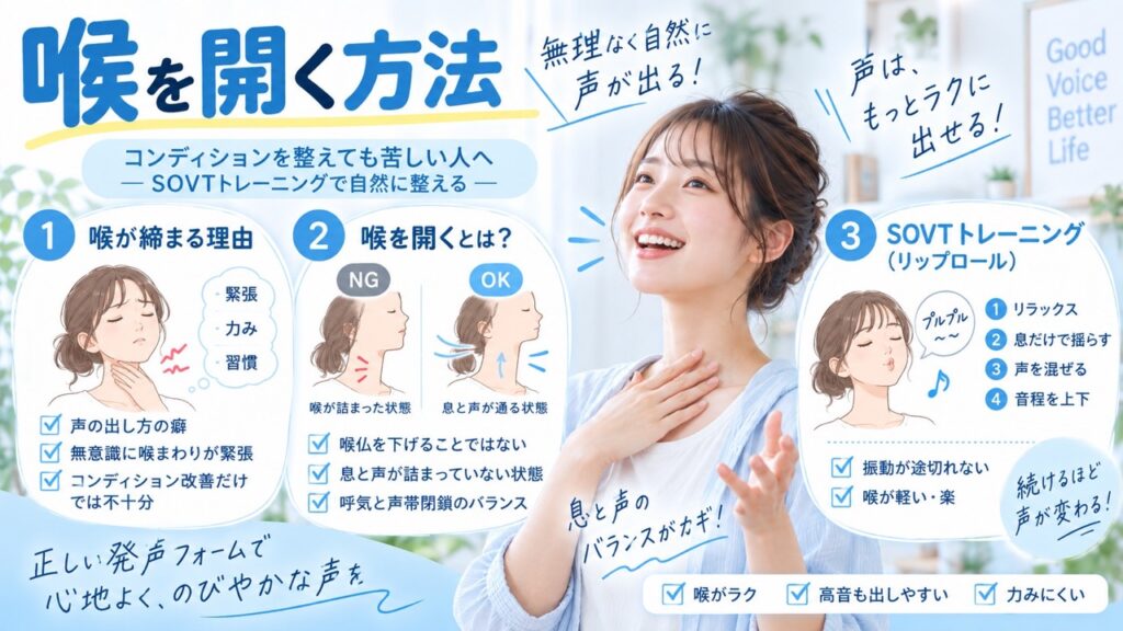 喉を自然に開くためのSOVTトレーニングと、リップロールのやり方や成功・失敗のポイントを解説したイラスト