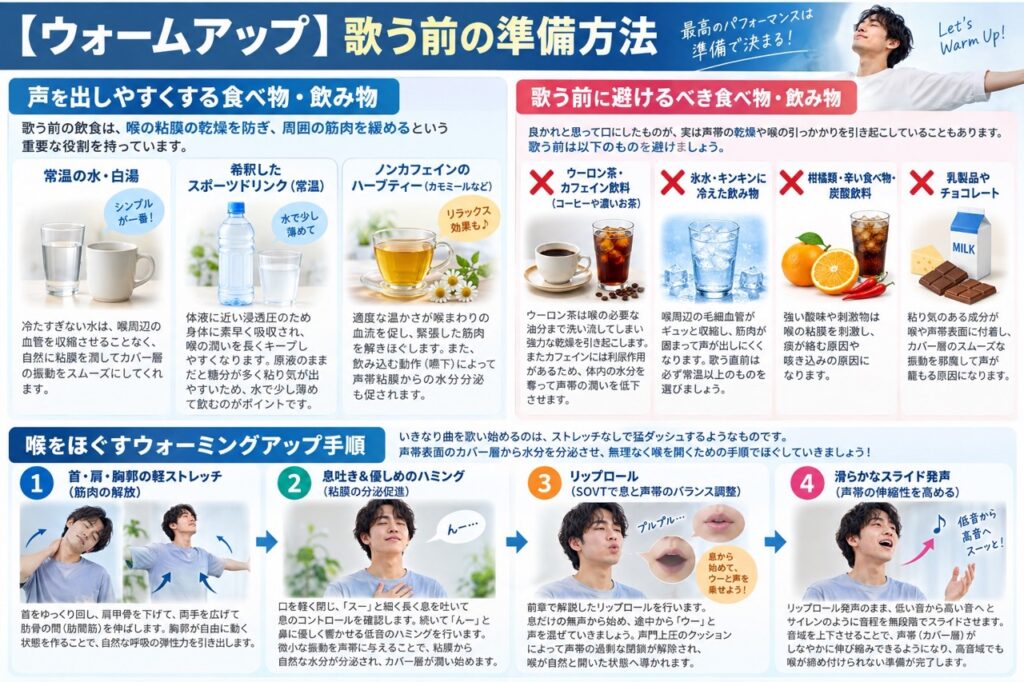 歌う前におすすめの飲み物や避けたい飲食物、ストレッチやハミング、リップロールなどのウォームアップ方法を紹介したイラスト
