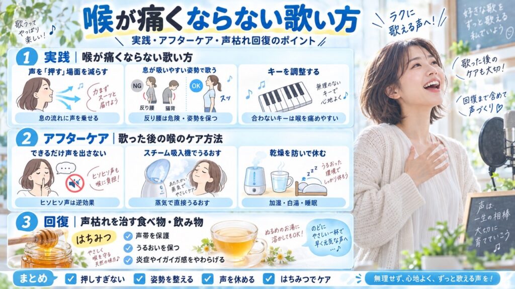 喉を痛めにくい歌い方と、歌唱後の休息・加湿・スチーム吸入・はちみつなどのアフターケア方法をまとめたイラスト