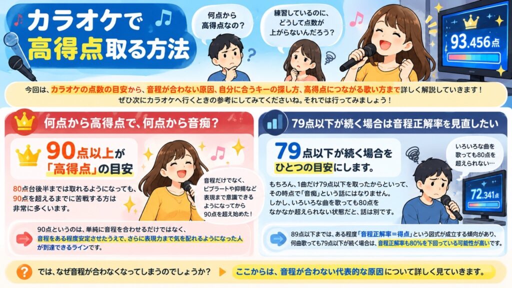 カラオケで90点以上を高得点の目安とし、79点以下が続く場合は音程正解率を見直す考え方を解説する図