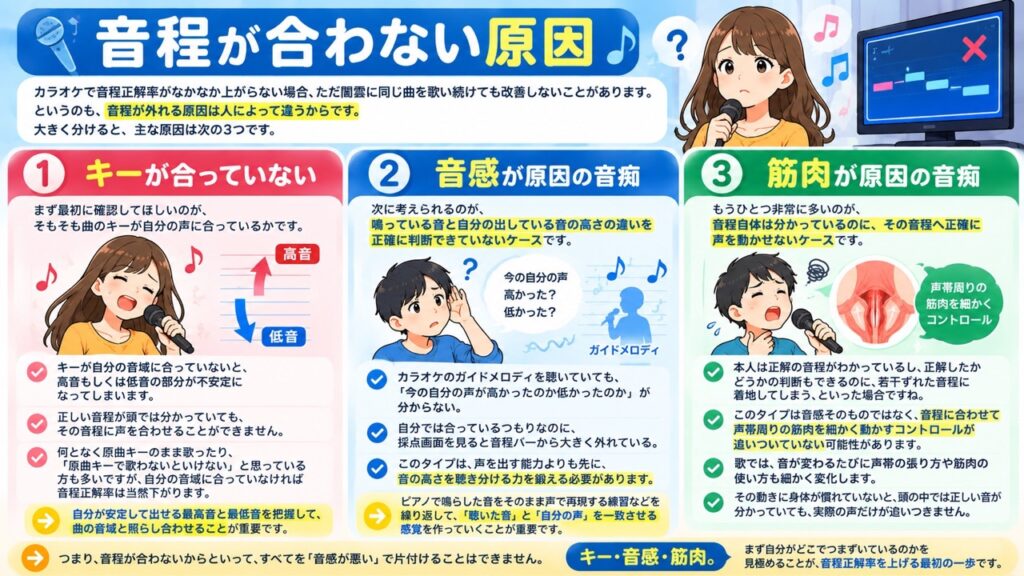 カラオケで音程が合わない主な原因を、キーが合っていない・音の高さを正確に判断できない・音程に合わせて声帯周りの筋肉を動かせない、の3つに分けて解説する図