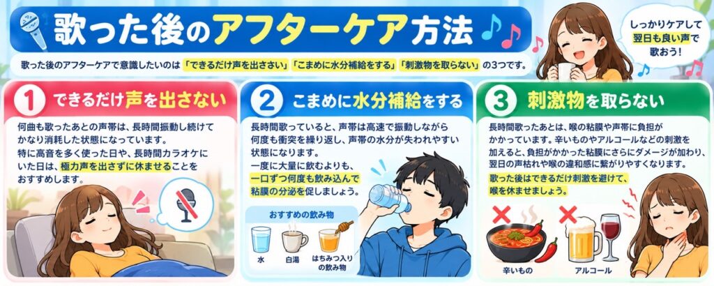 歌った後のアフターケアとして、できるだけ声を出さずに休ませる・一口ずつこまめに水分補給する・辛いものやアルコールなどの刺激物を避ける、の3つを解説する図