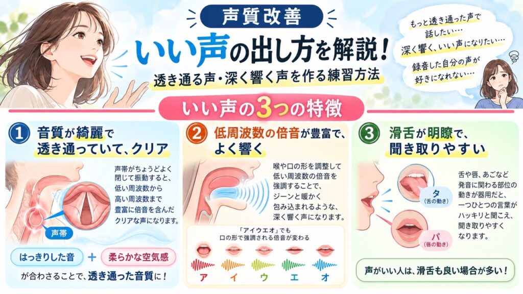 透き通った声は適度な声帯閉鎖と高周波数の倍音、深く響く声は低周波数の倍音、聞き取りやすい声は舌や唇などの細かな動きによって作られることを示した図