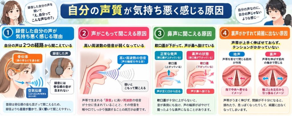 録音した声は骨伝導がなくなるため普段より高く薄く聞こえ、こもり声は高周波数の倍音不足、鼻声は鼻への音漏れ、かすれた裏声は声帯の伸展不足によって起こることを示した図