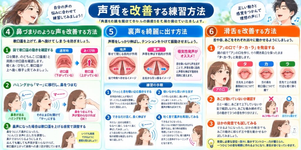 軟口蓋を上げて鼻への音漏れを防ぐ方法、吸気性発声で声帯を伸ばして裏声を整える方法、舌とあごを別々に動かして滑舌を改善する方法を示した図